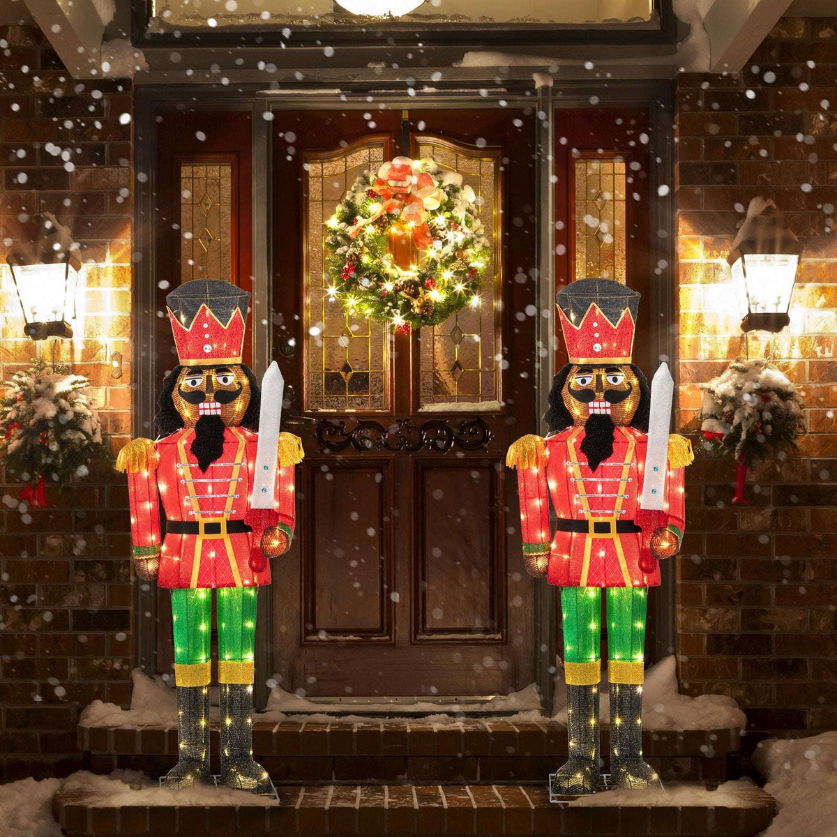 Lighted Christmas nutcracker with a red coat, green trousers, crown hat, and glitter sword