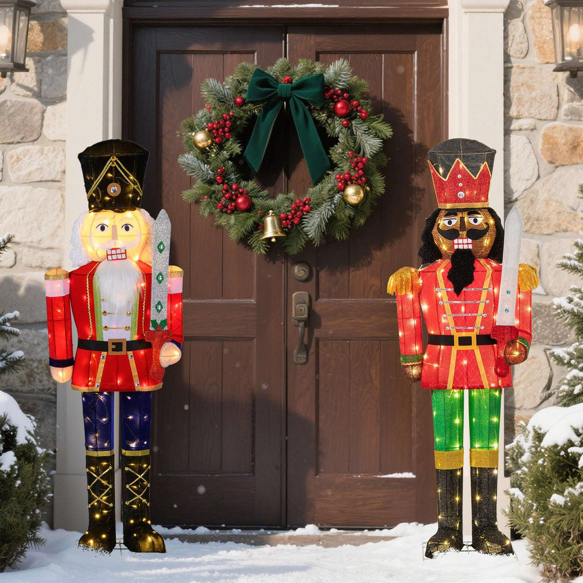 Lighted nutcracker with crown hat, red coat, green trousers, and sword