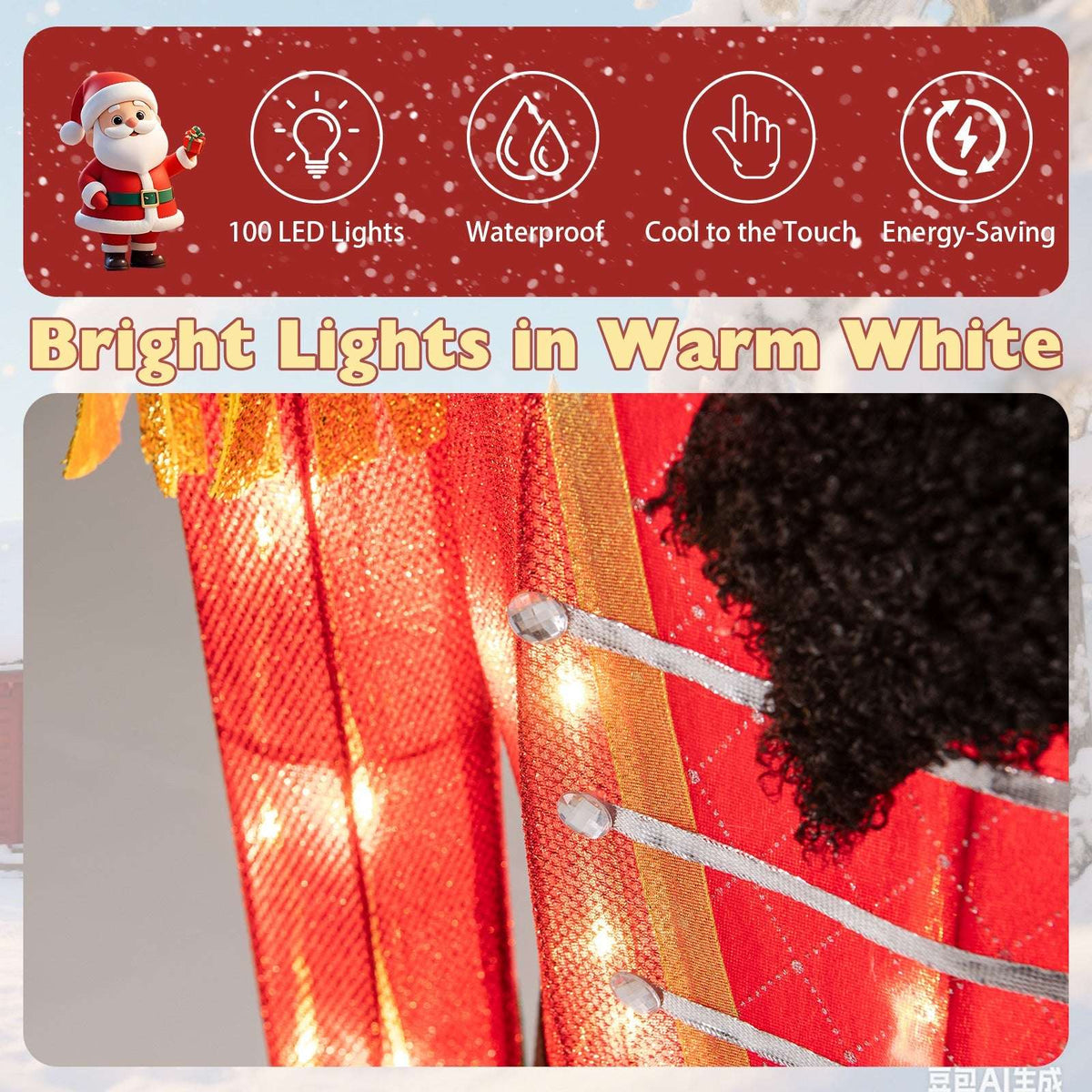 Close-up of warm white LED lights on the nutcracker's red coat