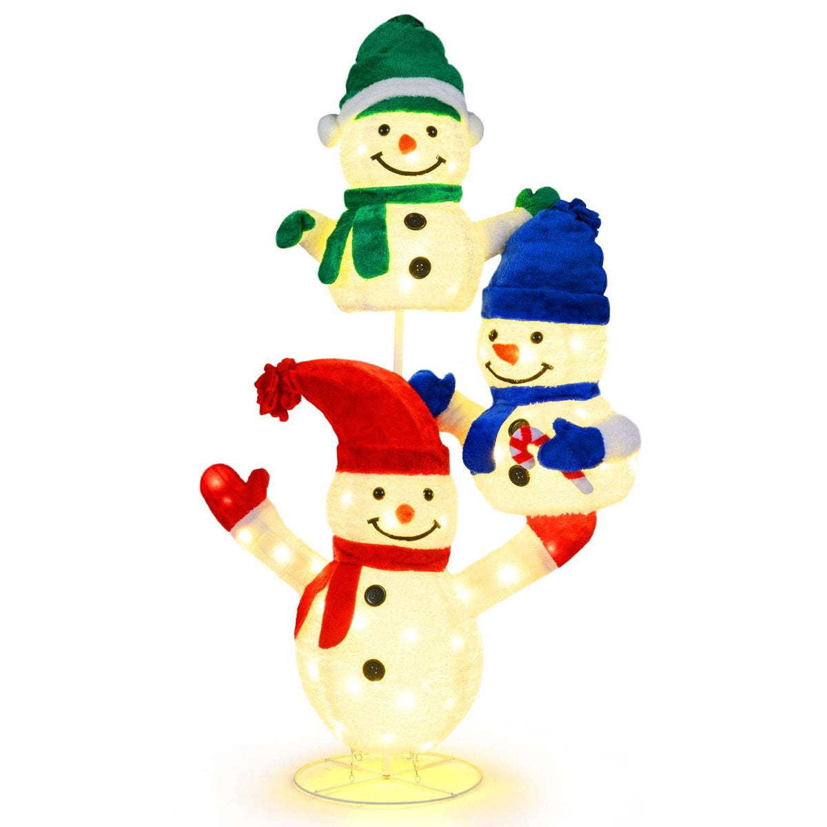 Illuminated stacked snowman decoration with 110 LED lights and colorful winter accessories