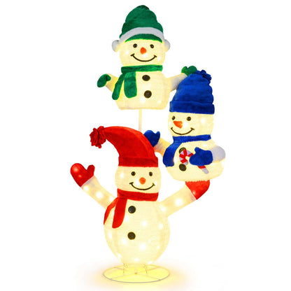 Illuminated stacked snowman decoration with 110 LED lights and colorful winter accessories