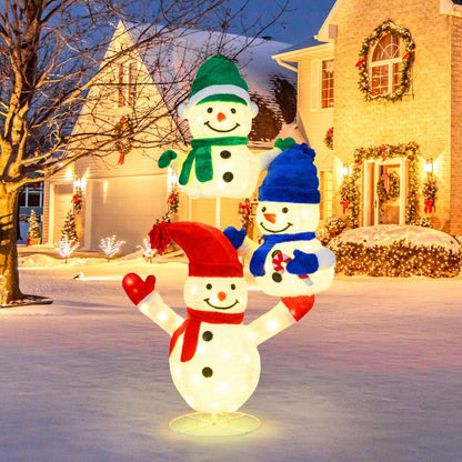 5-foot stacked snowman Christmas decoration with glowing lights, colorful hats, scarves, and mittens