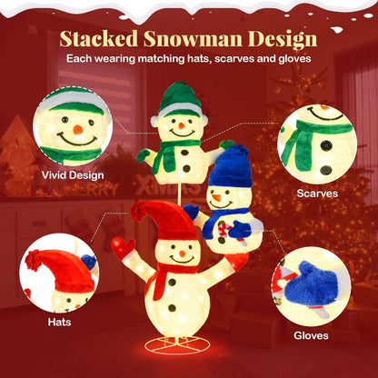 Stacked snowman decoration with matching hats, scarves, mittens, and bright LED lights