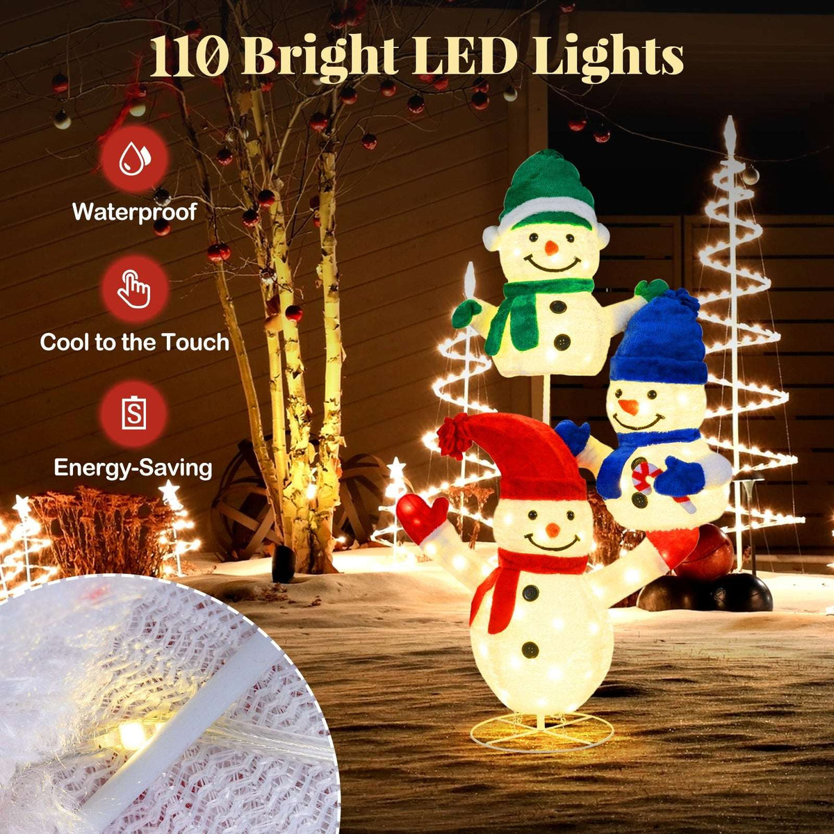 Stacked snowman decoration with 110 LED lights and a close-up of its mesh fabric