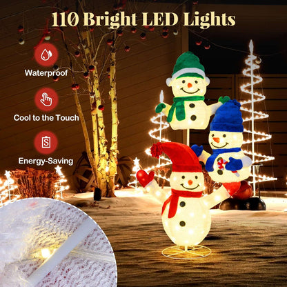 Stacked snowman decoration with 110 LED lights and a close-up of its mesh fabric
