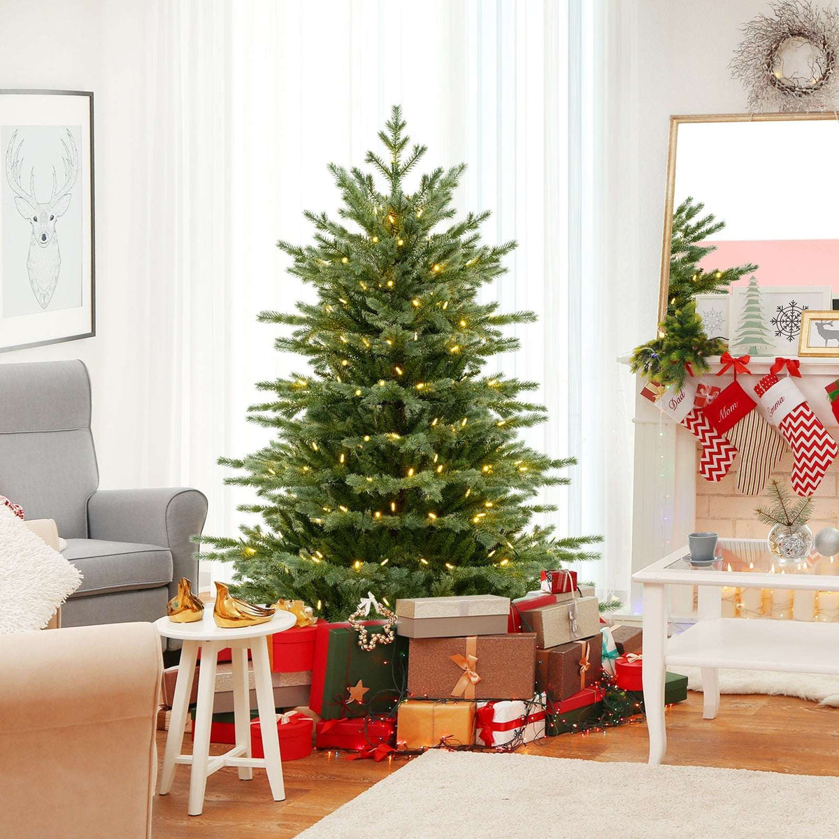 Green artificial Christmas tree with warm white lights and a full, tapered shape