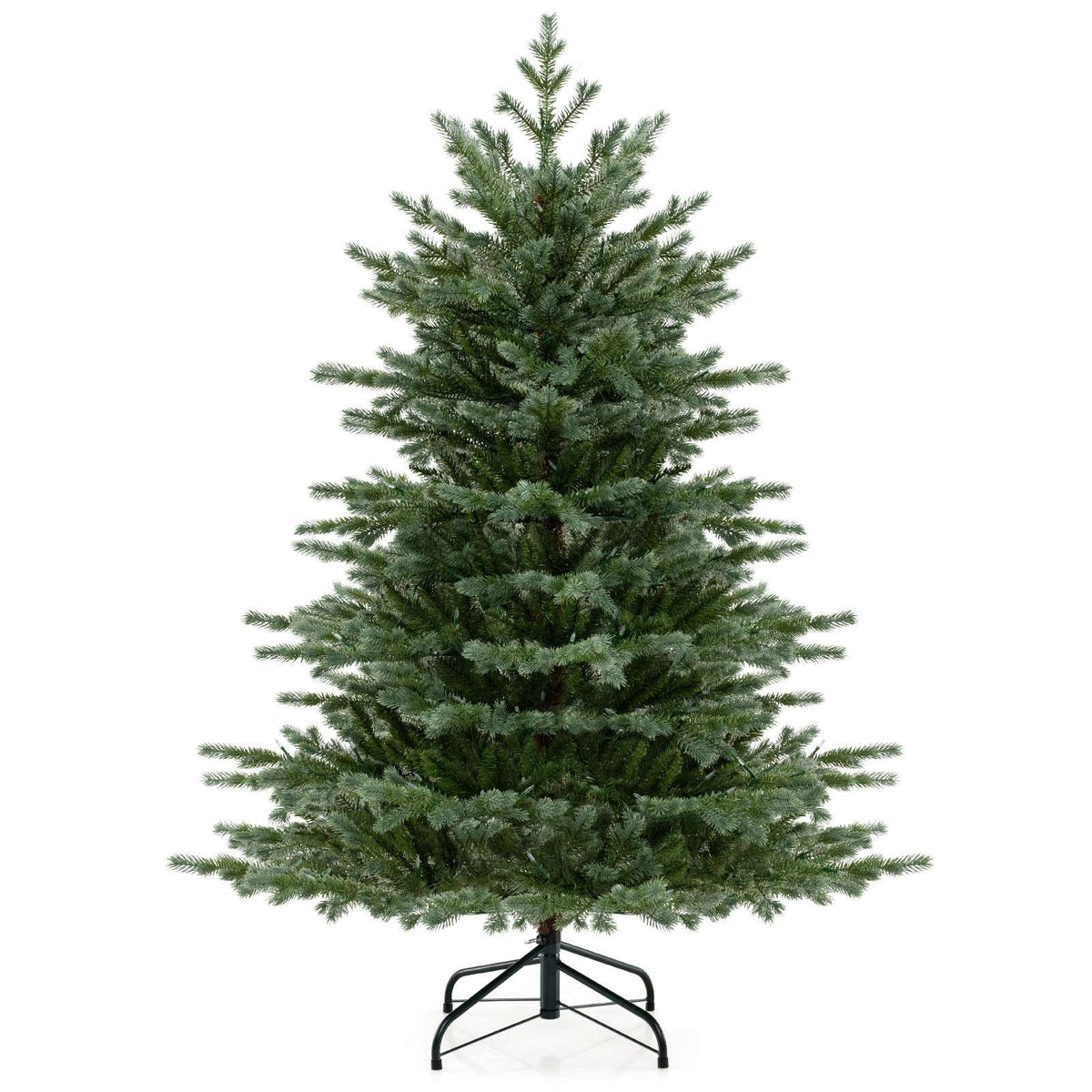 Unlit artificial Christmas tree with dense green branches and a metal stand