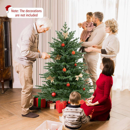 Green artificial Christmas tree with layered branches, red ornaments, and gold bows