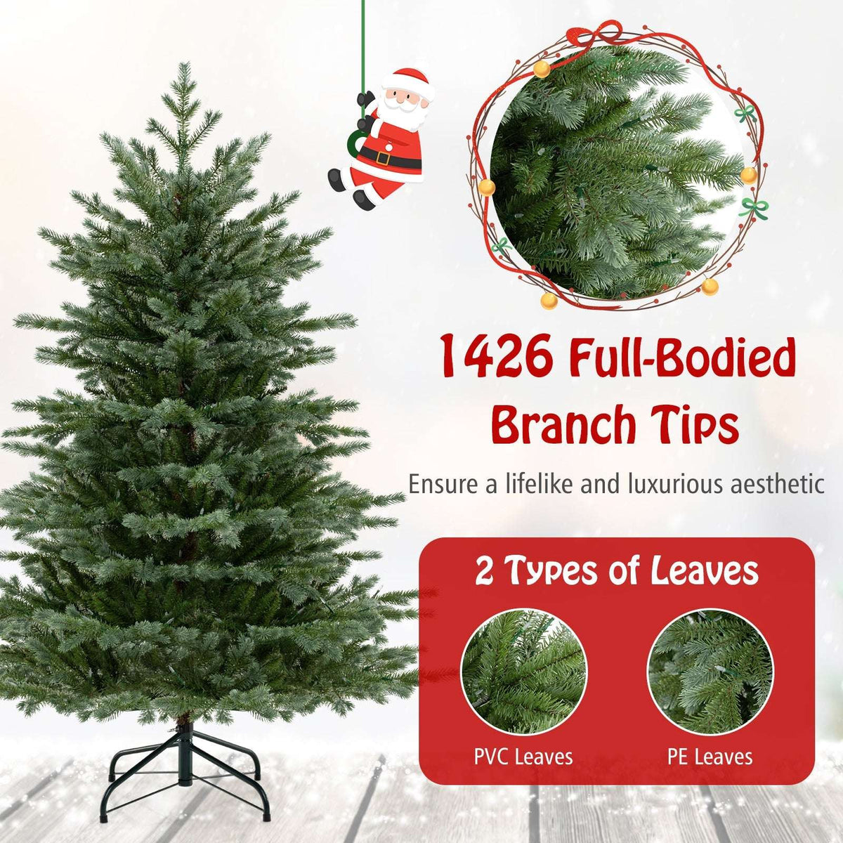 Green artificial Christmas tree with PVC and PE foliage and 1,426 branch tips