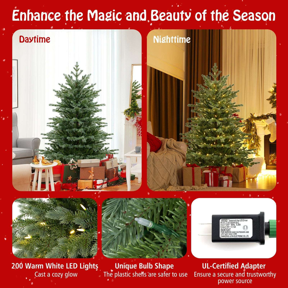 Artificial Christmas tree with warm white LED lights, close-up bulb detail and power adapter