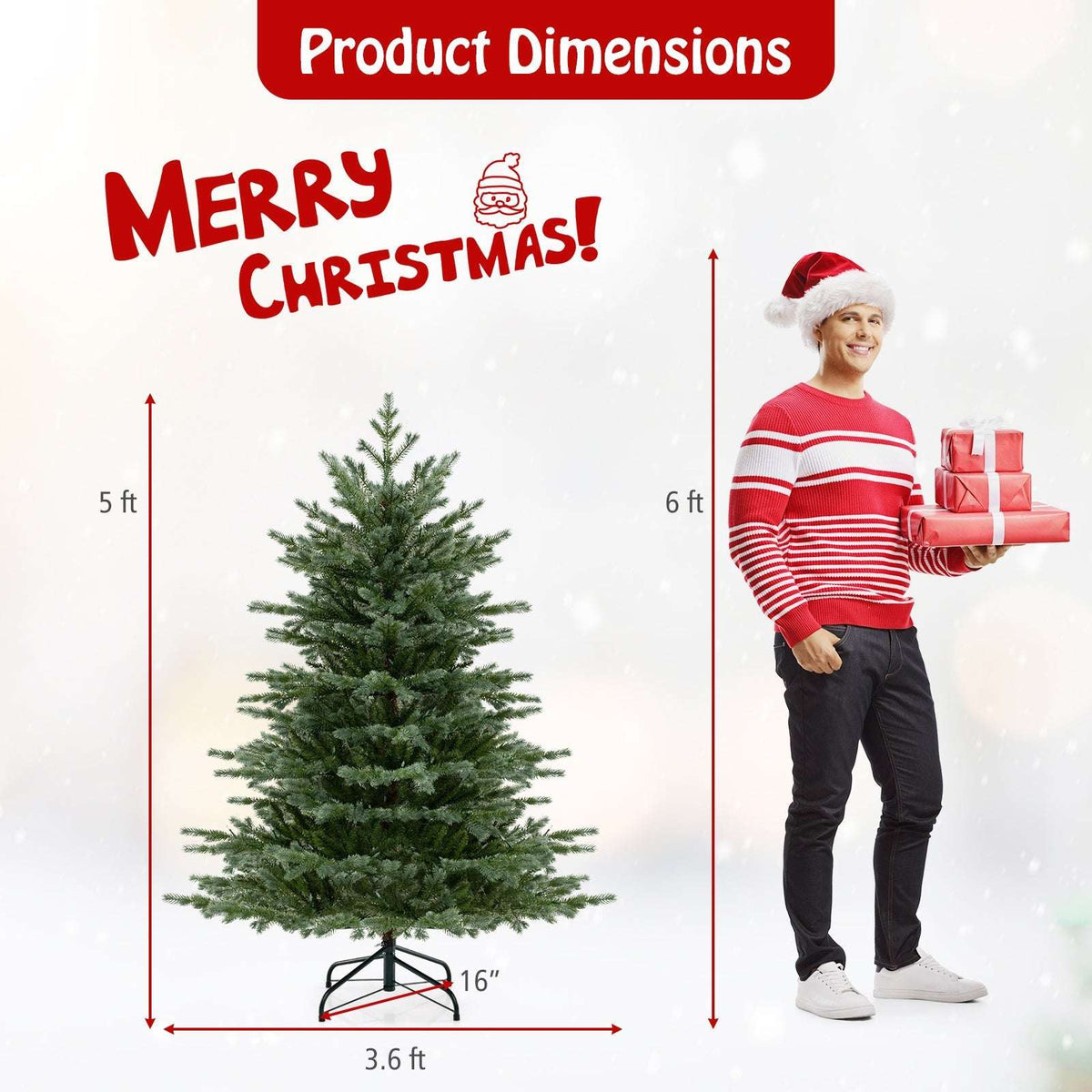 Green artificial Christmas tree, 5 feet tall, with a 3.6-foot width and metal stand