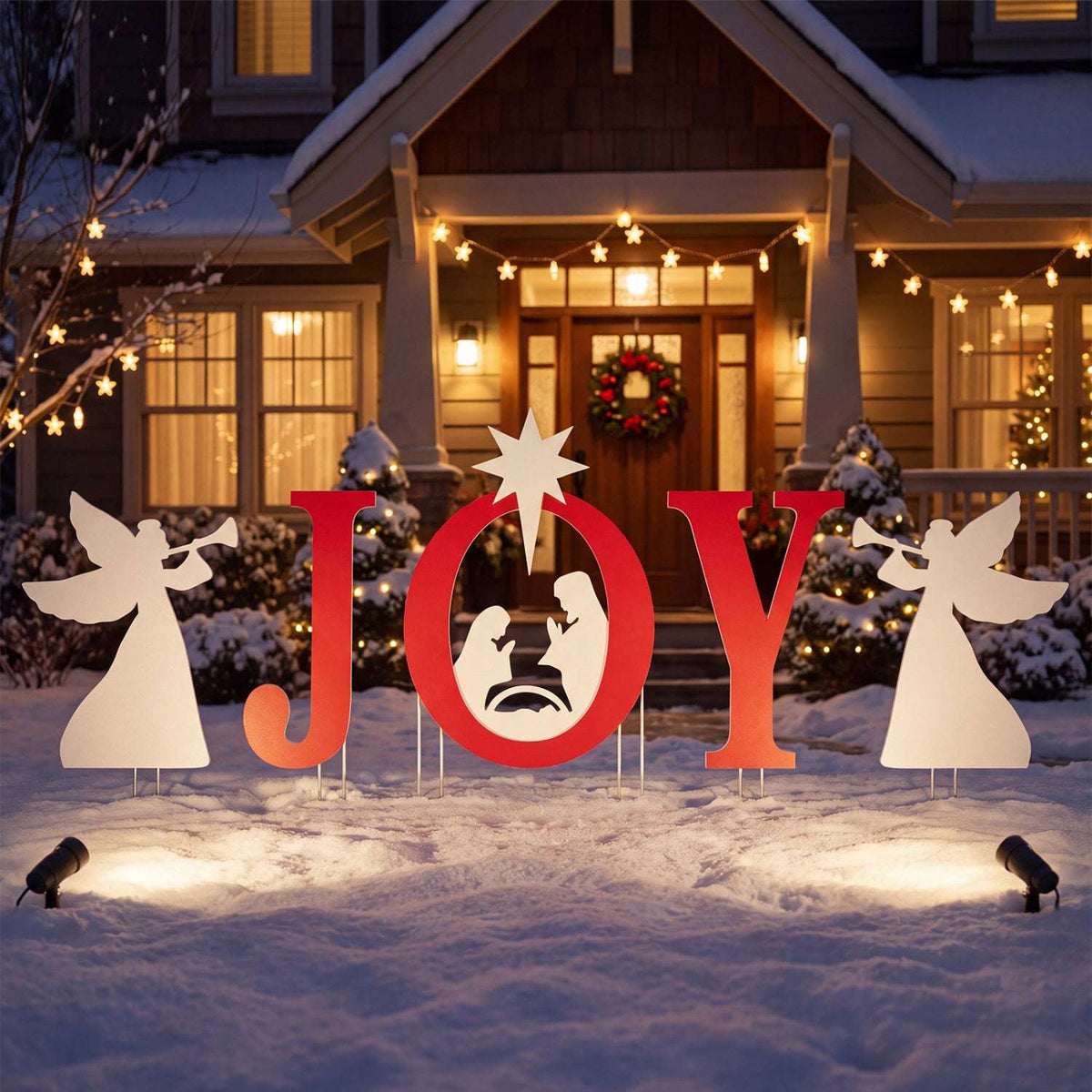 Red and white JOY nativity yard sign set with angel silhouettes and a star