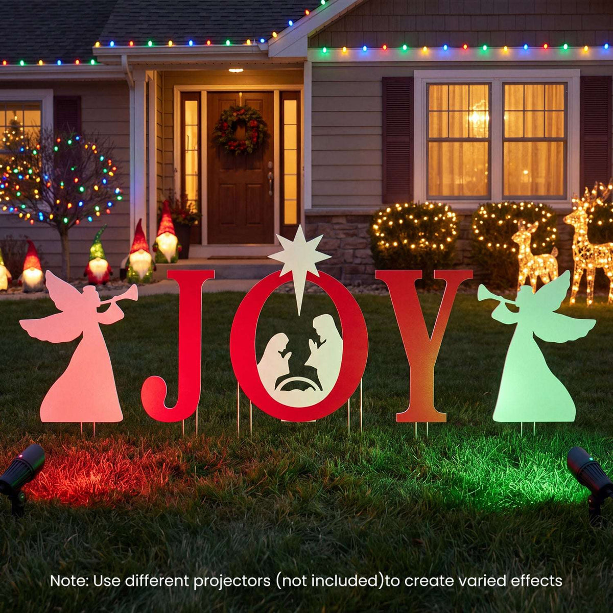 Red JOY lettering with white angels and manger scene in a five-piece nativity yard sign set