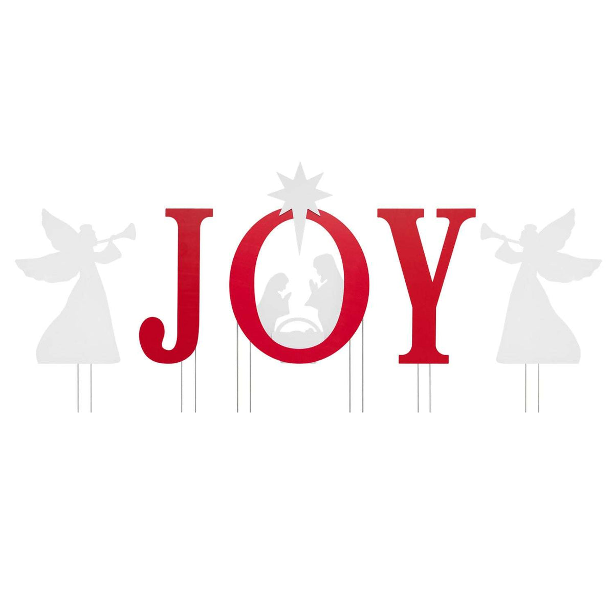 Five-piece nativity yard sign set with red JOY letters, white angels, star, and nativity scene