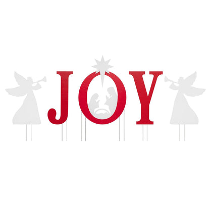 Five-piece nativity yard sign set with red JOY letters, white angels, star, and nativity scene