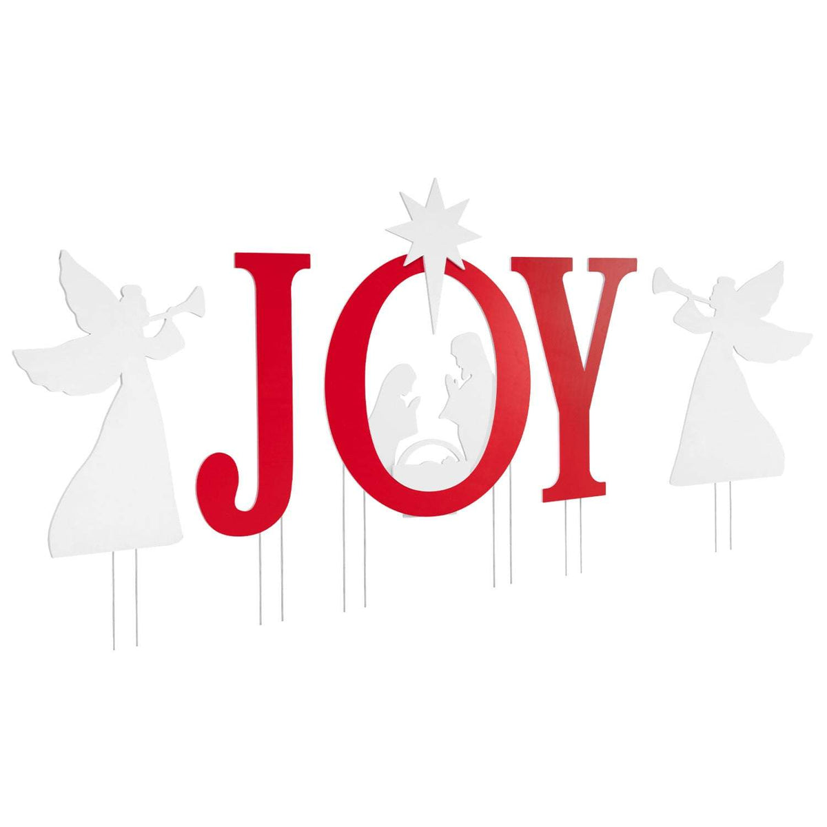 Five-piece JOY nativity yard sign set with red letters and white angel and star cutouts