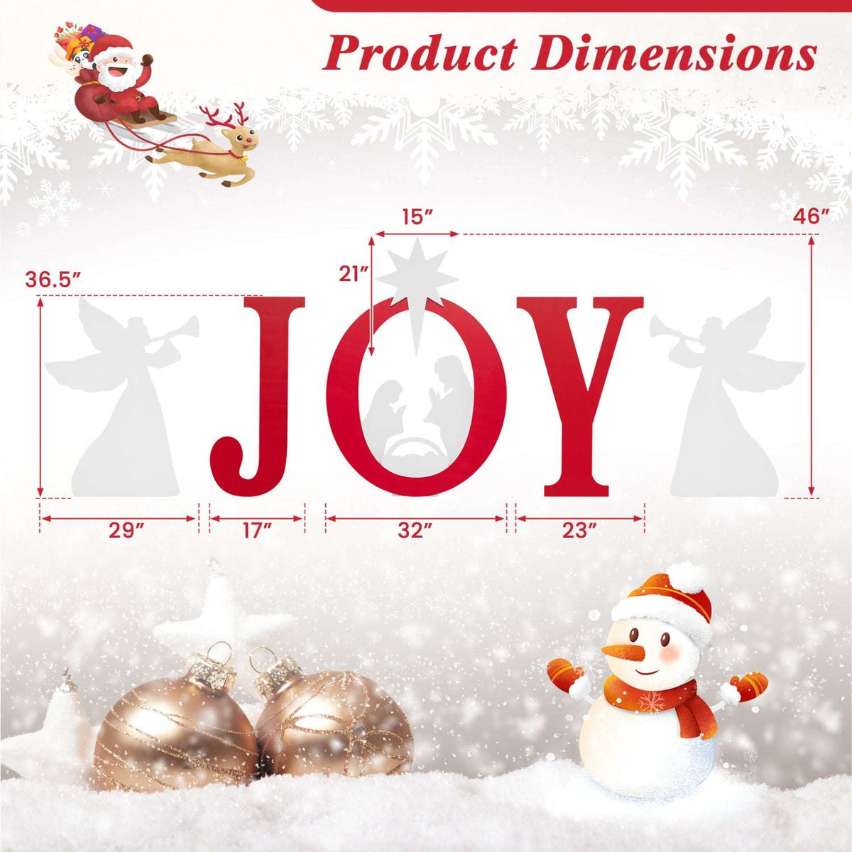 JOY nativity yard sign set with angels, star, nativity scene, and labeled piece dimensions