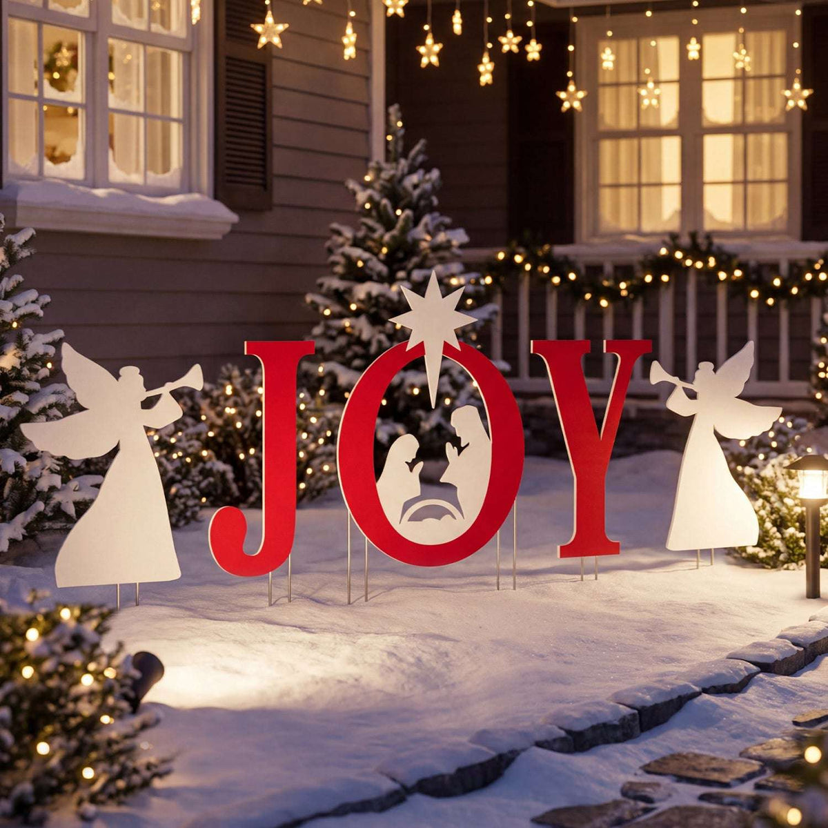 Red and white JOY nativity yard sign set with angel silhouettes and star topper