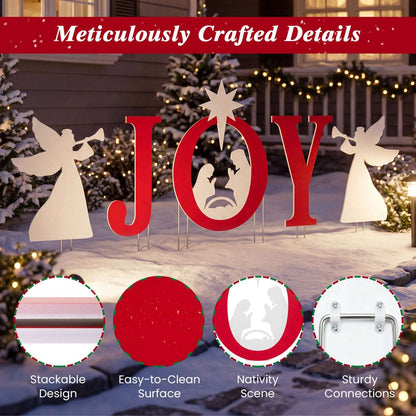 JOY nativity yard sign set with red letters, white angels, star, and nativity cutout details