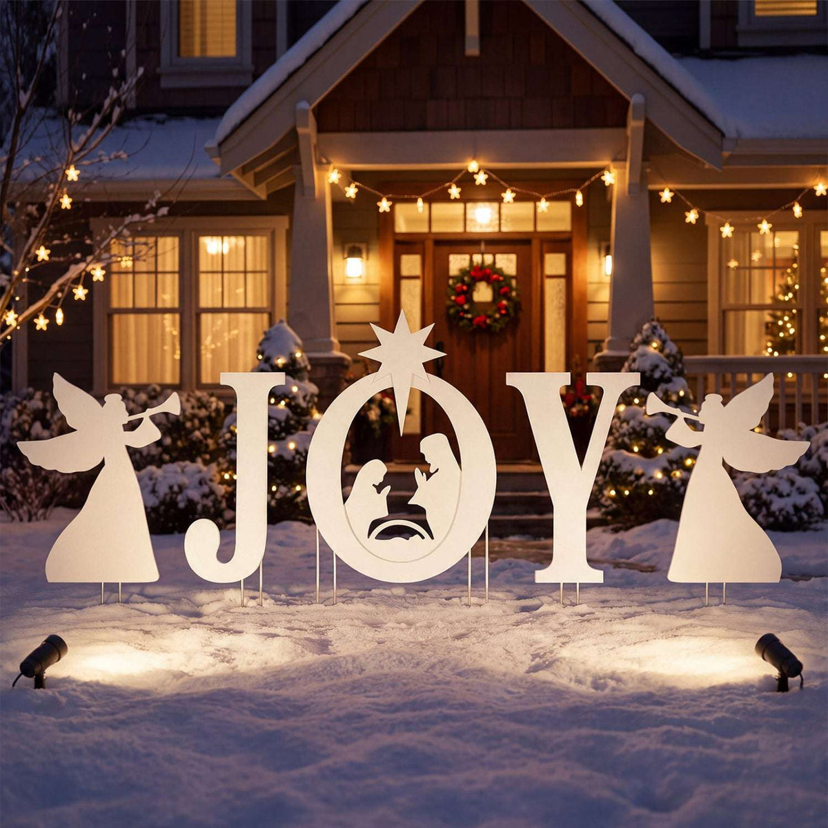 Five-piece nativity yard sign set spelling JOY with angel silhouettes and a star
