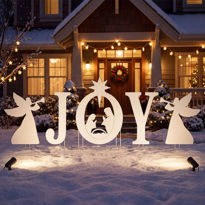 Five-piece nativity yard sign set spelling JOY with angel silhouettes and a star