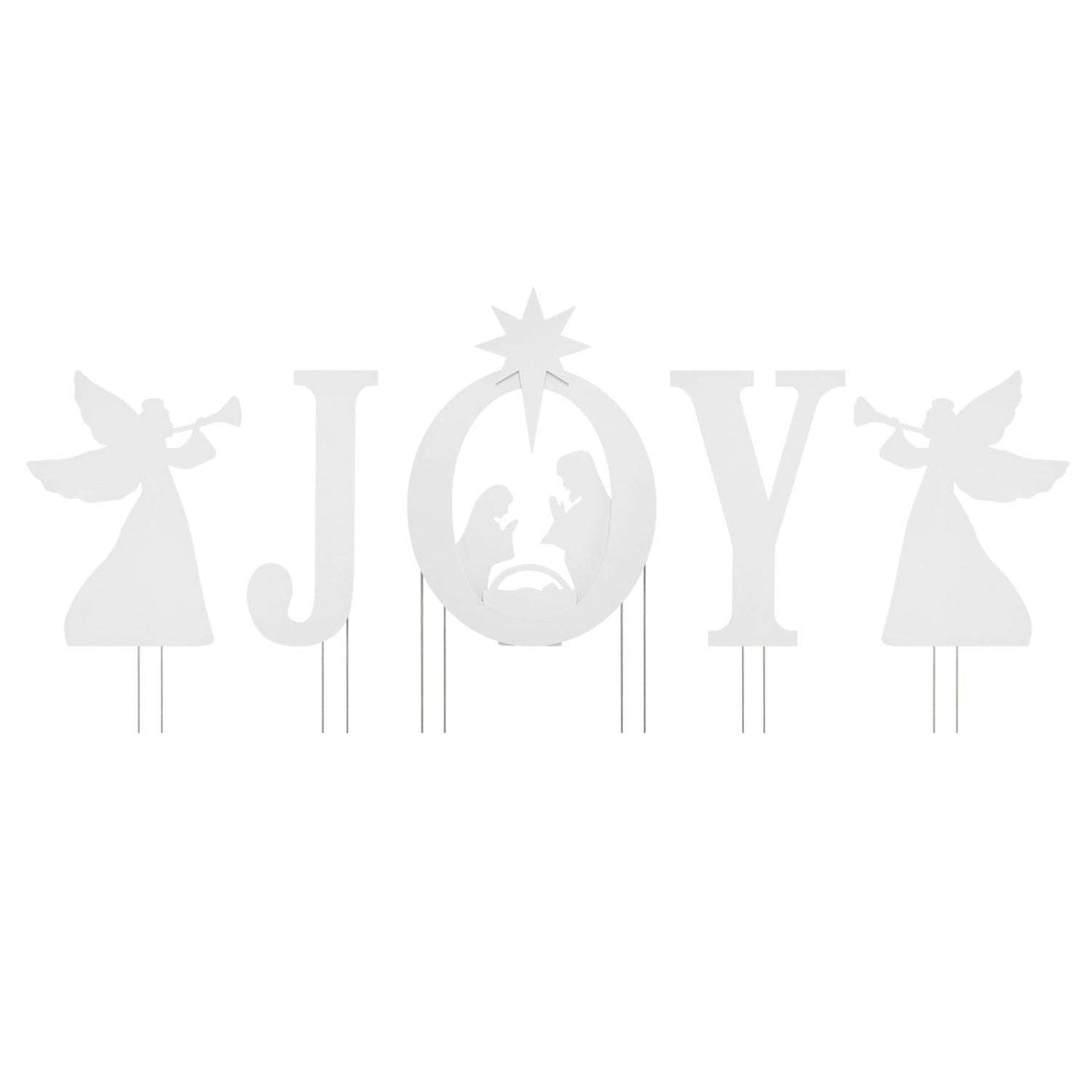 White JOY nativity yard sign set with two angels, a star, and manger scene