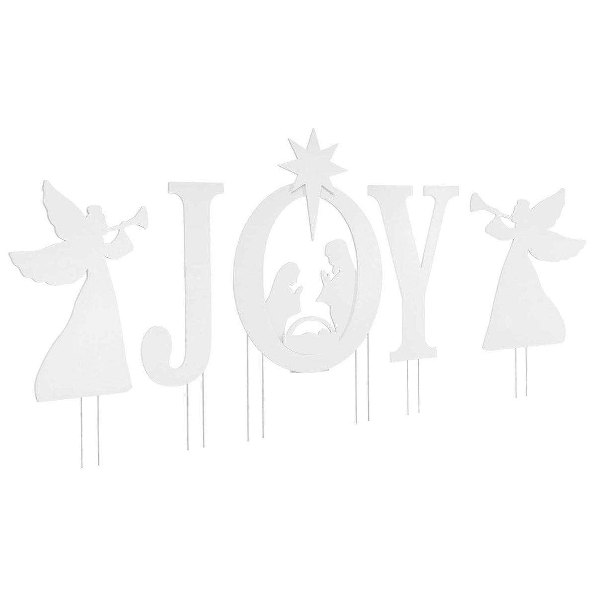White five-piece nativity sign set with JOY lettering, angel silhouettes, and ground stakes