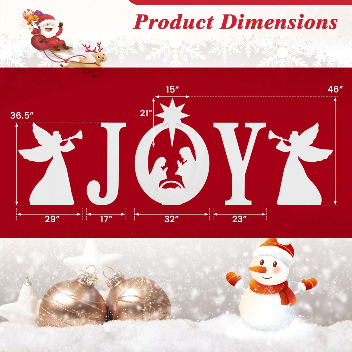 JOY nativity yard sign set with five pieces; dimensions shown for each silhouette