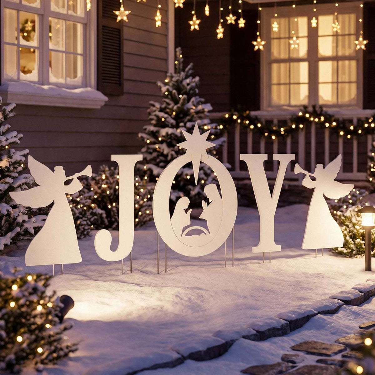 Nativity yard decor spelling JOY with two angel silhouettes and a star-topped manger scene