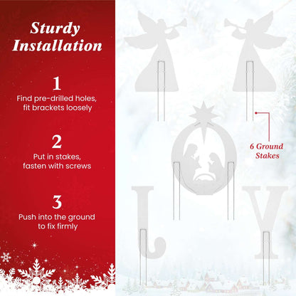 JOY nativity yard sign set with six ground stakes and installation steps