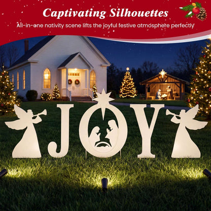 Five-piece nativity yard sign spells JOY, with angels and a manger scene inside the O