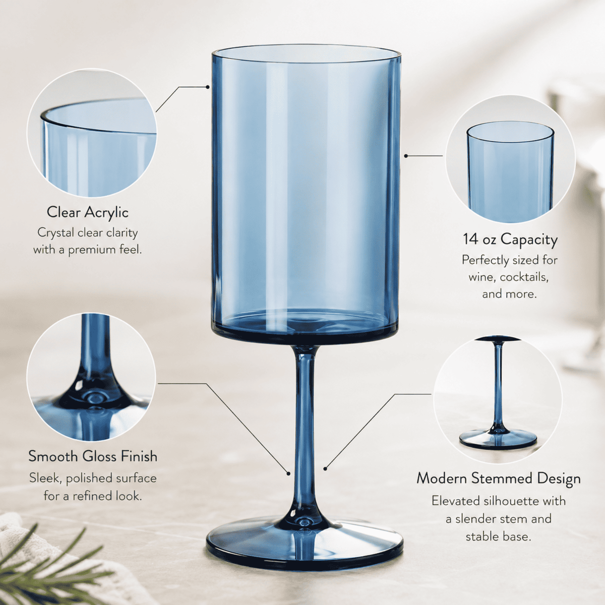 Single blue stemmed square acrylic wine glass with smooth glossy finish, 14 oz size