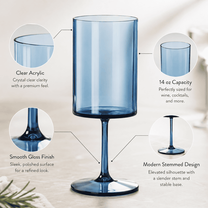 Single blue stemmed square acrylic wine glass with smooth glossy finish, 14 oz size