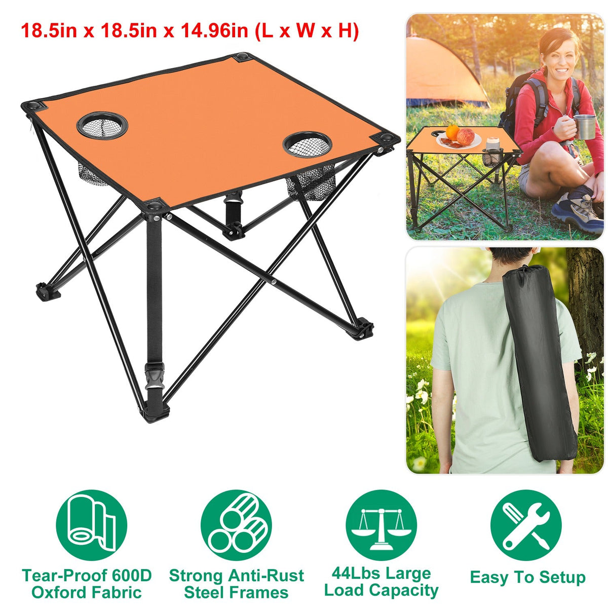 LakeForest Folding Camping Table with 2 Cup Holders – 600D Oxford, 44 lb Capacity | 18.5"x18.5" | 2.2 lbs | 1-Pc & 2-Pc Sets