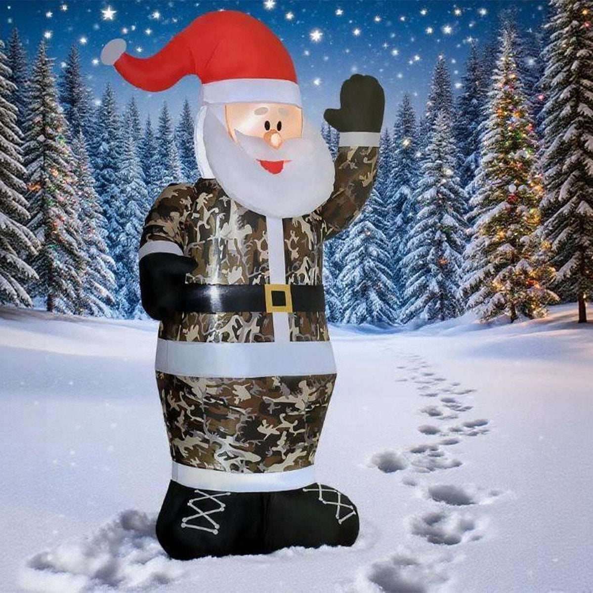 Inflatable camouflage Santa with raised mitten, red hat, white beard, and laced black boots
