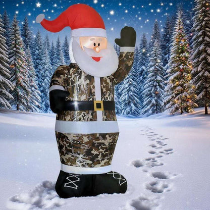 Inflatable camouflage Santa with raised mitten, red hat, white beard, and laced black boots
