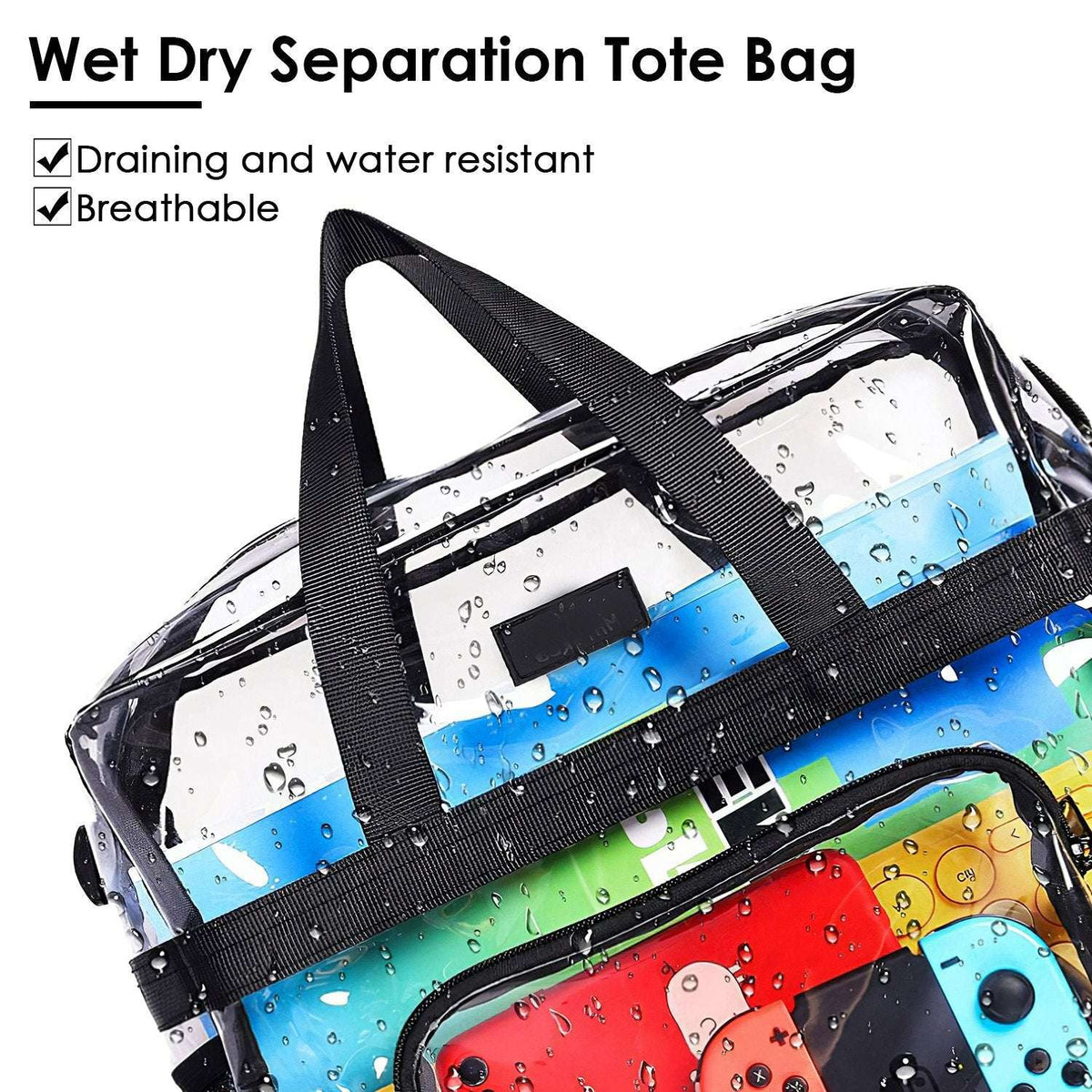 Clear PVC wet/dry separation tote with black strap and zipper closure