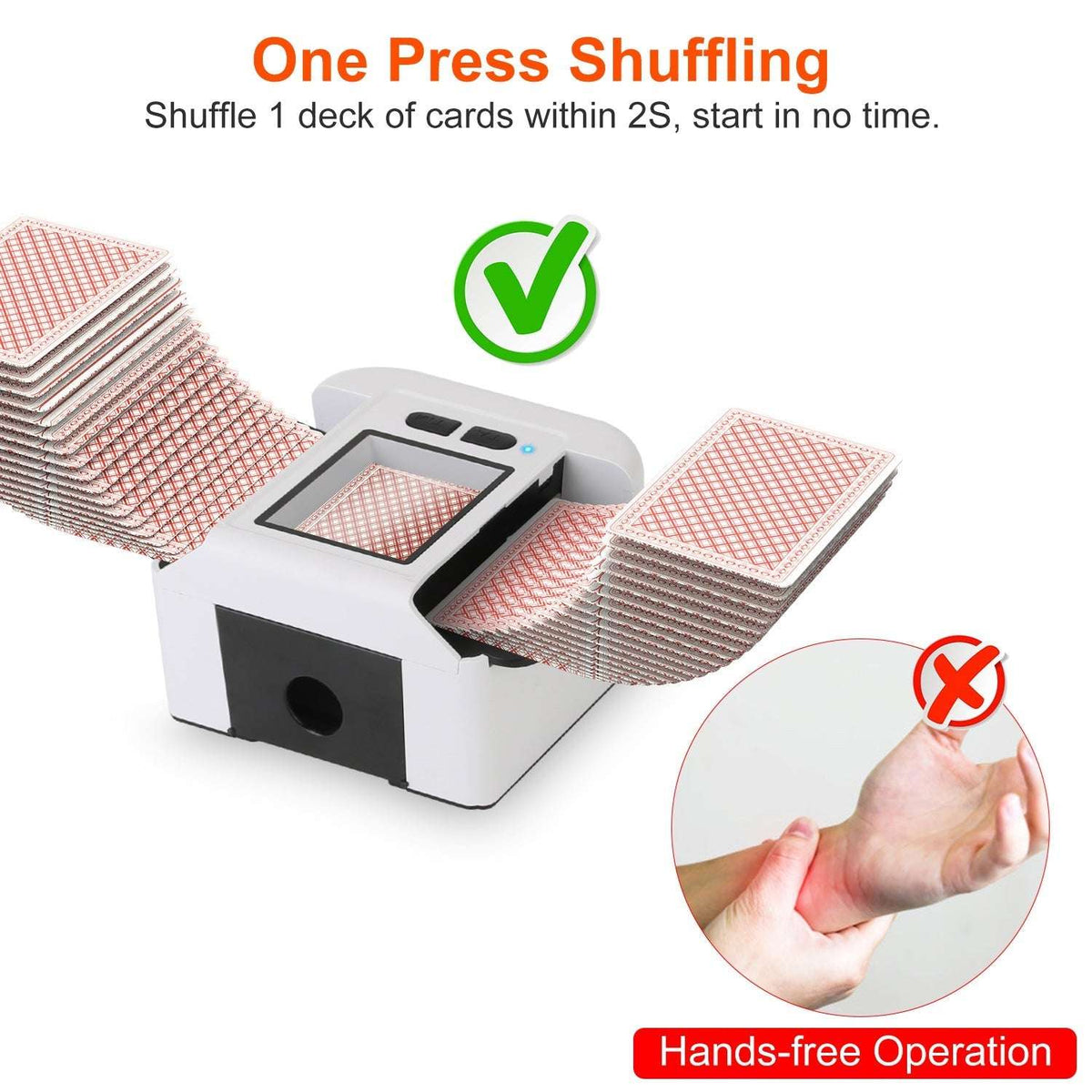 White automatic card shuffler with two card trays and front opening for feeding cards