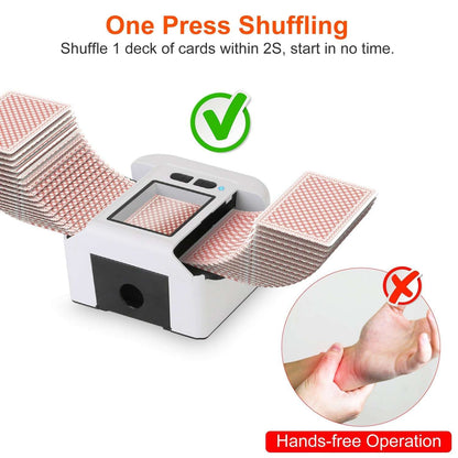 White automatic card shuffler with two card trays and front opening for feeding cards