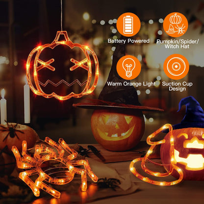 LJG 3 Pack Halloween LED Window Lights - Spider Witch Pumpkin