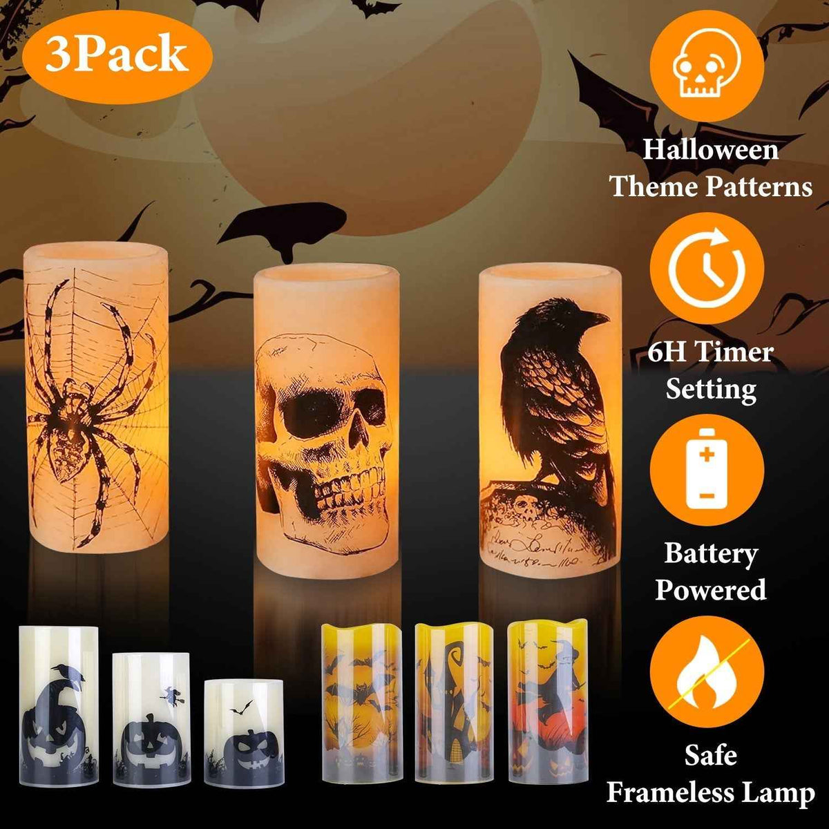 3-Pack Halloween Flameless Candle Lamps with Timer – Spider, Crow & Skull