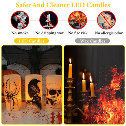 3-Pack Halloween Flameless Candle Lamps with Timer – Spider, Crow & Skull