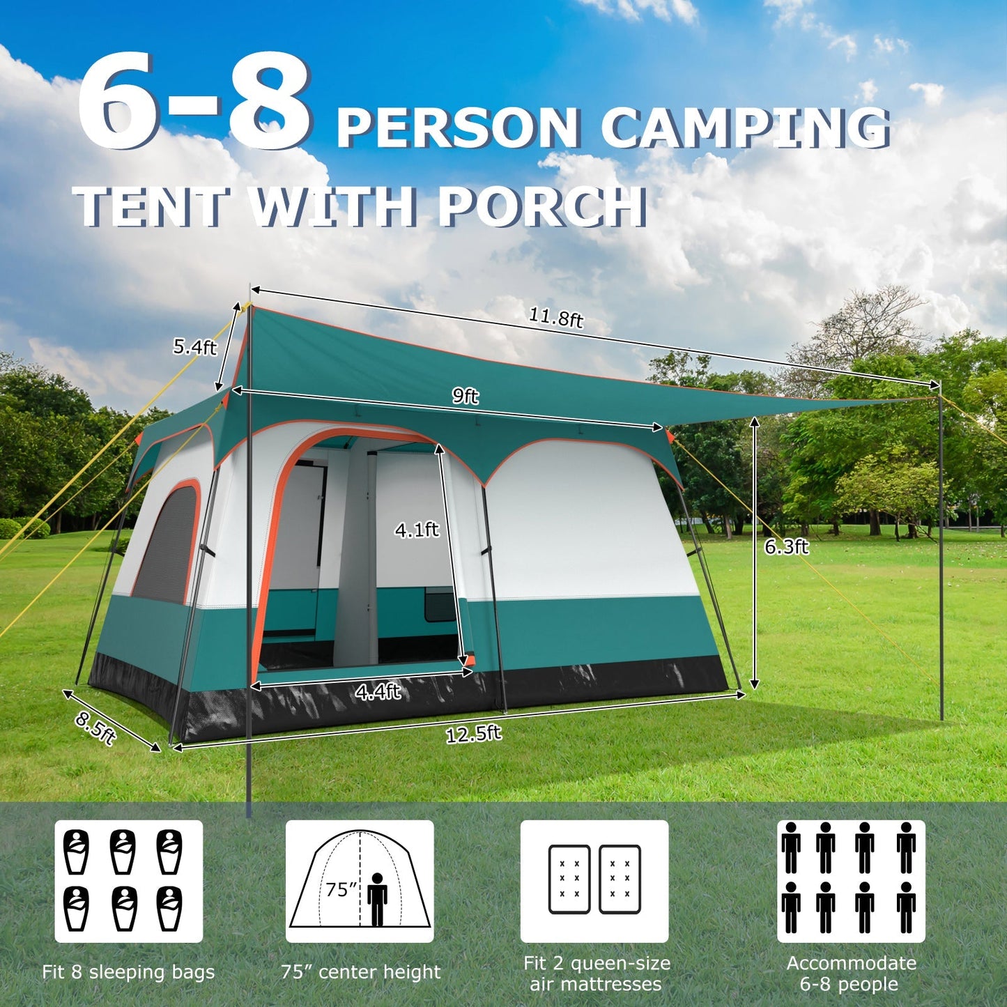 6–8 Person Camping Tent | Double Rooms | 2 Doors | Porch | 1000mm Rainfly + 3000mm Floor | Navy or Green