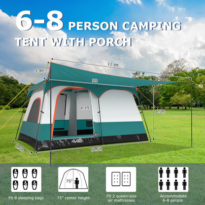 6–8 Person Camping Tent | Double Rooms | 2 Doors | Porch | 1000mm Rainfly + 3000mm Floor | Navy or Green
