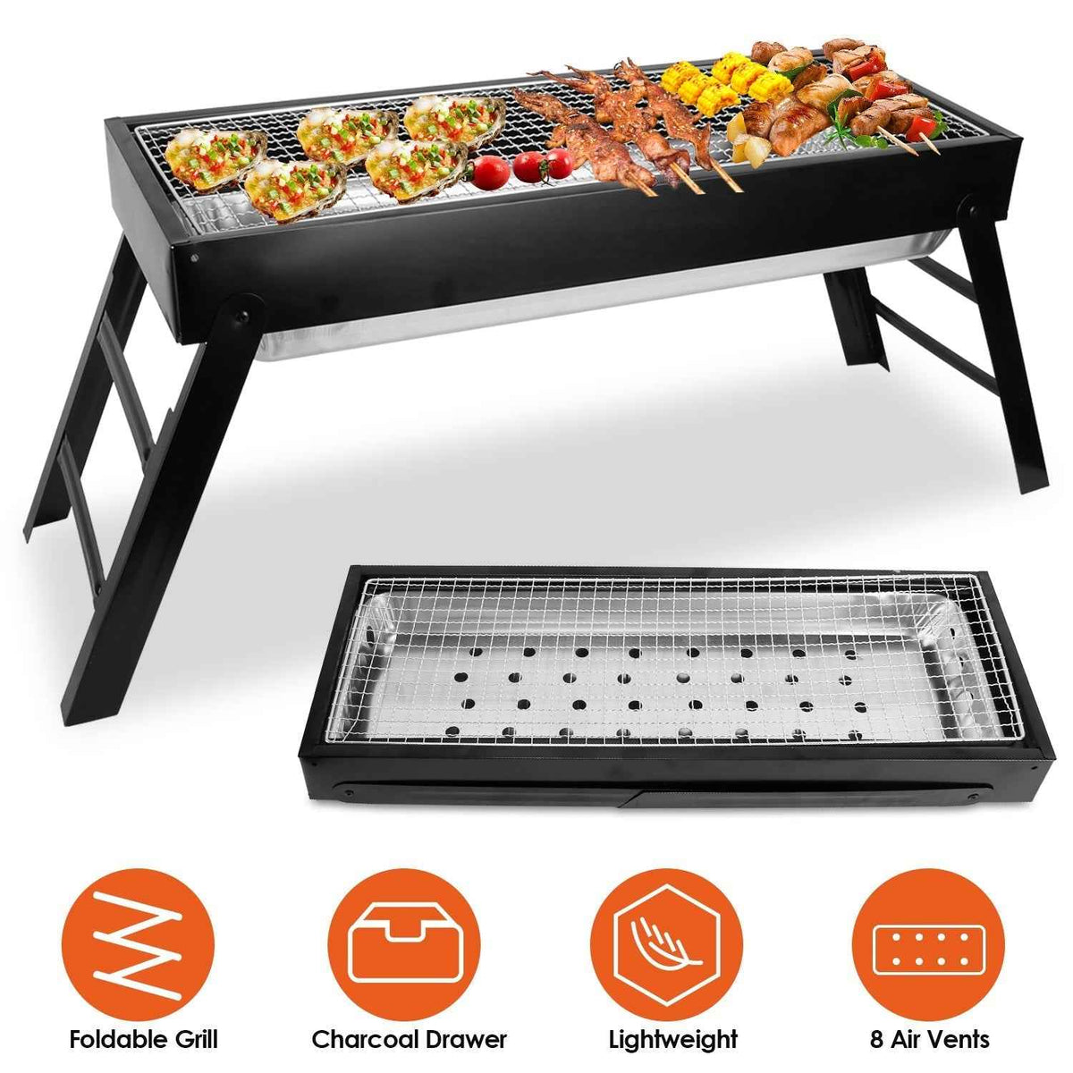 Foldable Charcoal BBQ Grill – Stainless Steel Grate, Pull-Out Charcoal Drawer | Portable Tabletop Grill for Camping & Picnics