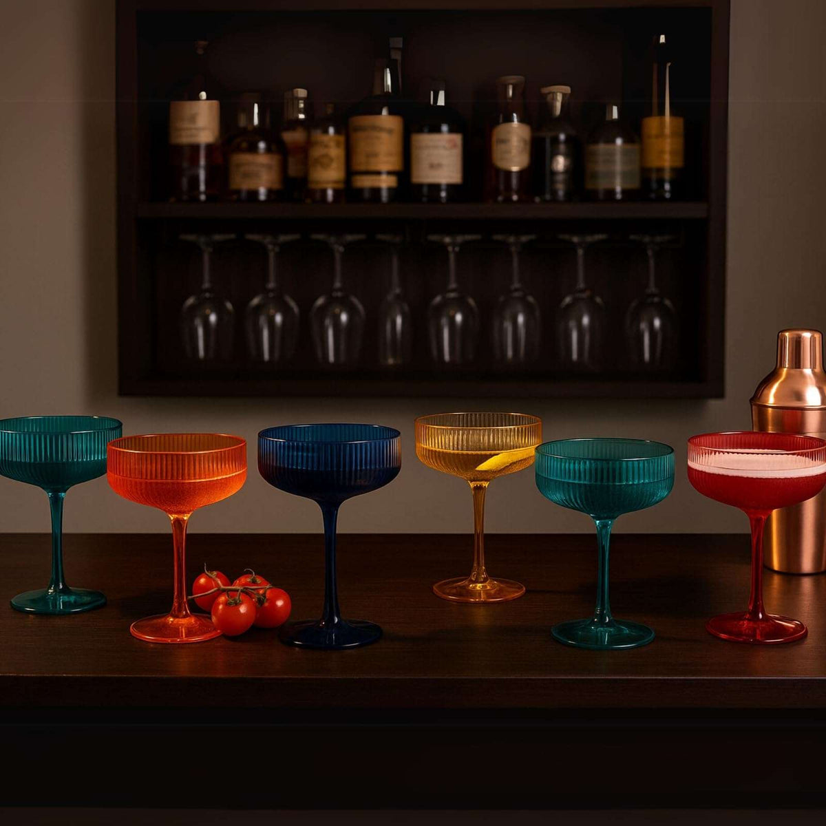 Assorted ribbed coupe acrylic glasses with dark teal, blue, orange, and red tones on a bar shelf
