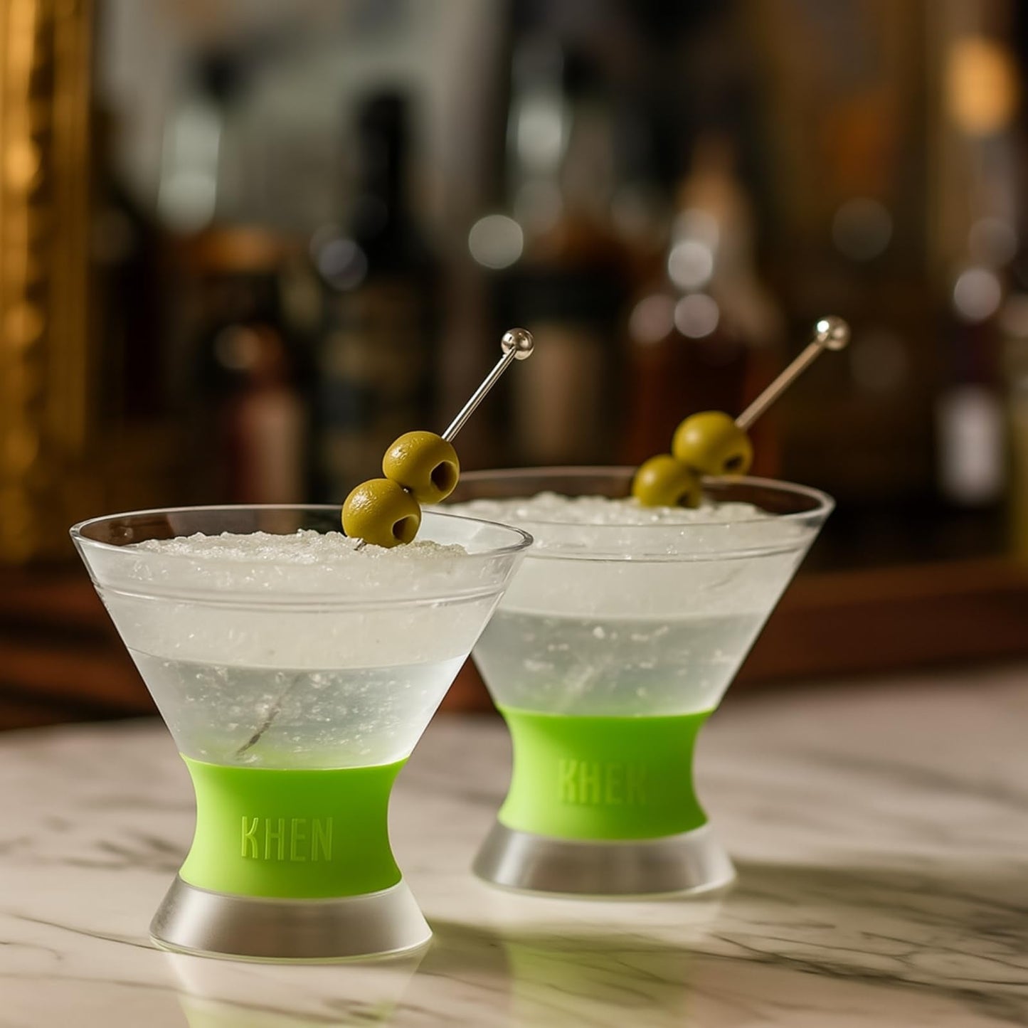 Khen Cooling Martini Glasses | Set of 2 | 10oz | Double-Wall Insulated | Shatterproof Acrylic | Frosted Base - Niksstuff
