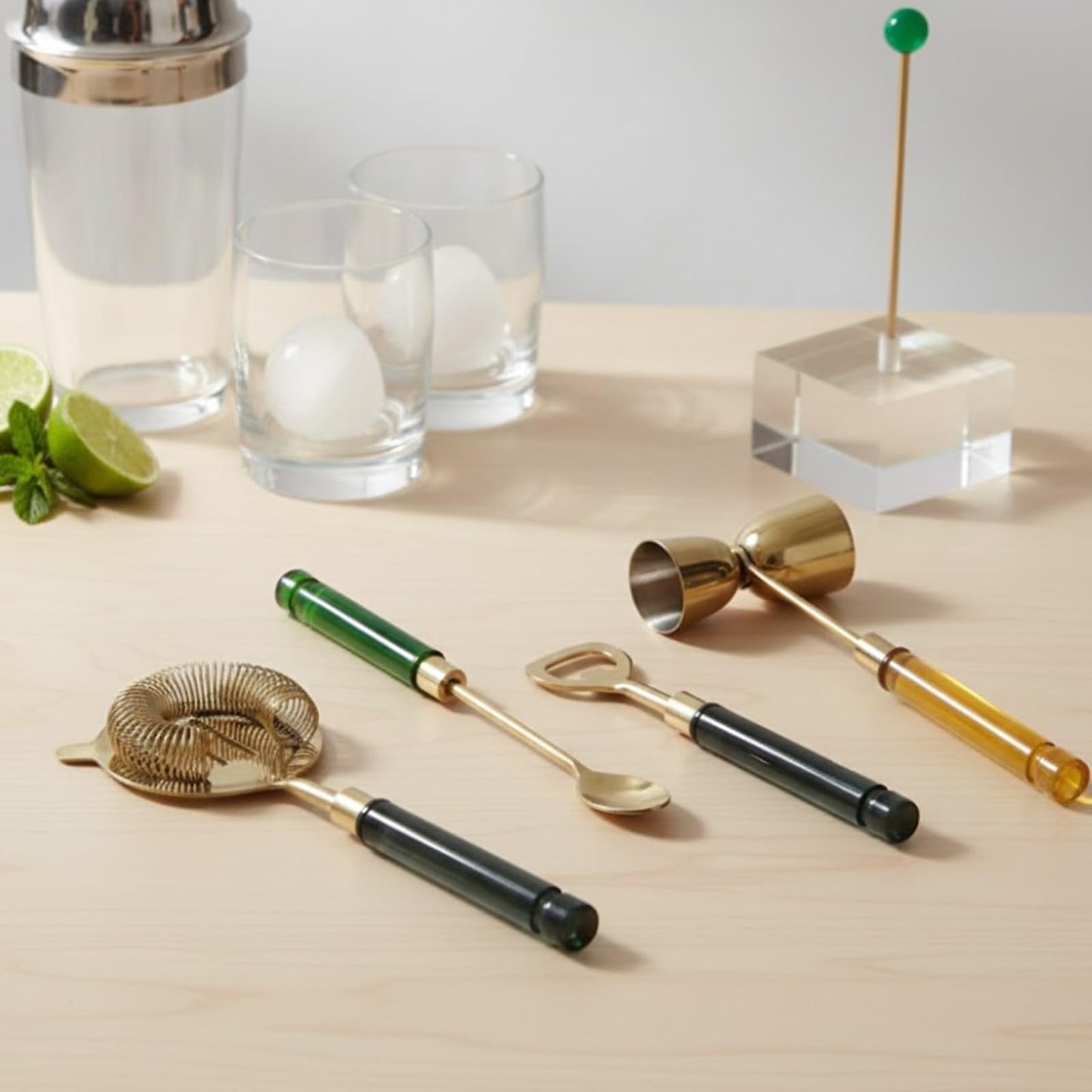 5-Piece Gold Bartender Kit with Stand | Colorful Resin Handles | Gold-Finished Steel | Gift-Ready
