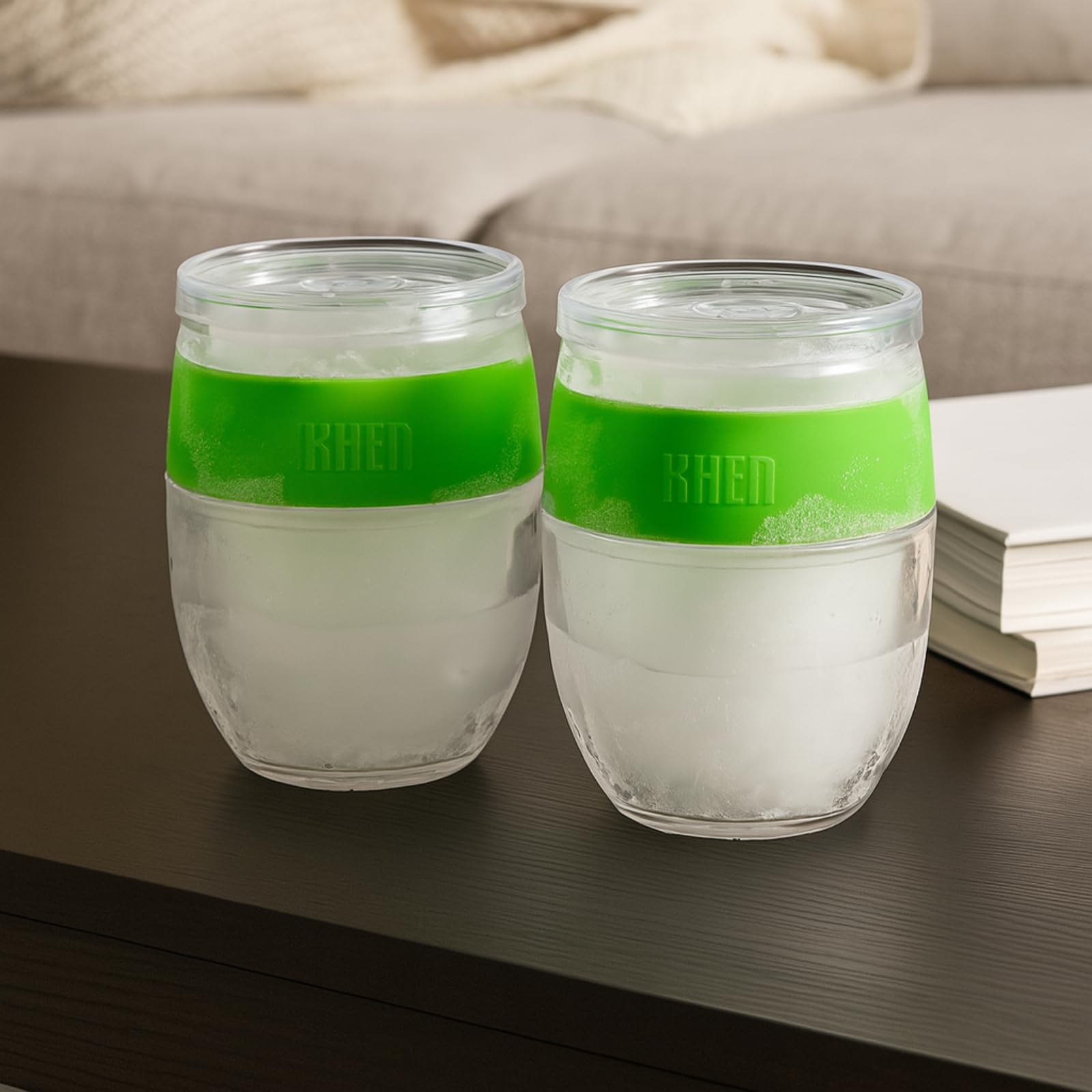 Khen Stemless Acrylic Cooling Wine Glasses | Set of 2 | 14oz | Green | BPA-Free | Freezer Safe - Niksstuff