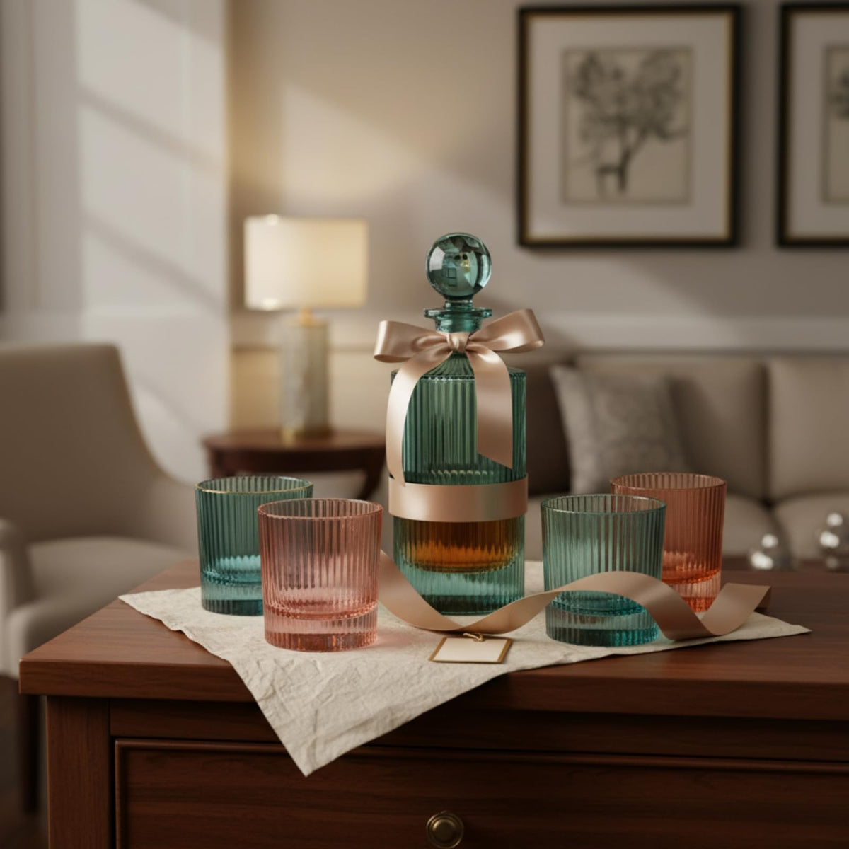 Khen Ribbed Glass Decanter Set with 4 Glasses